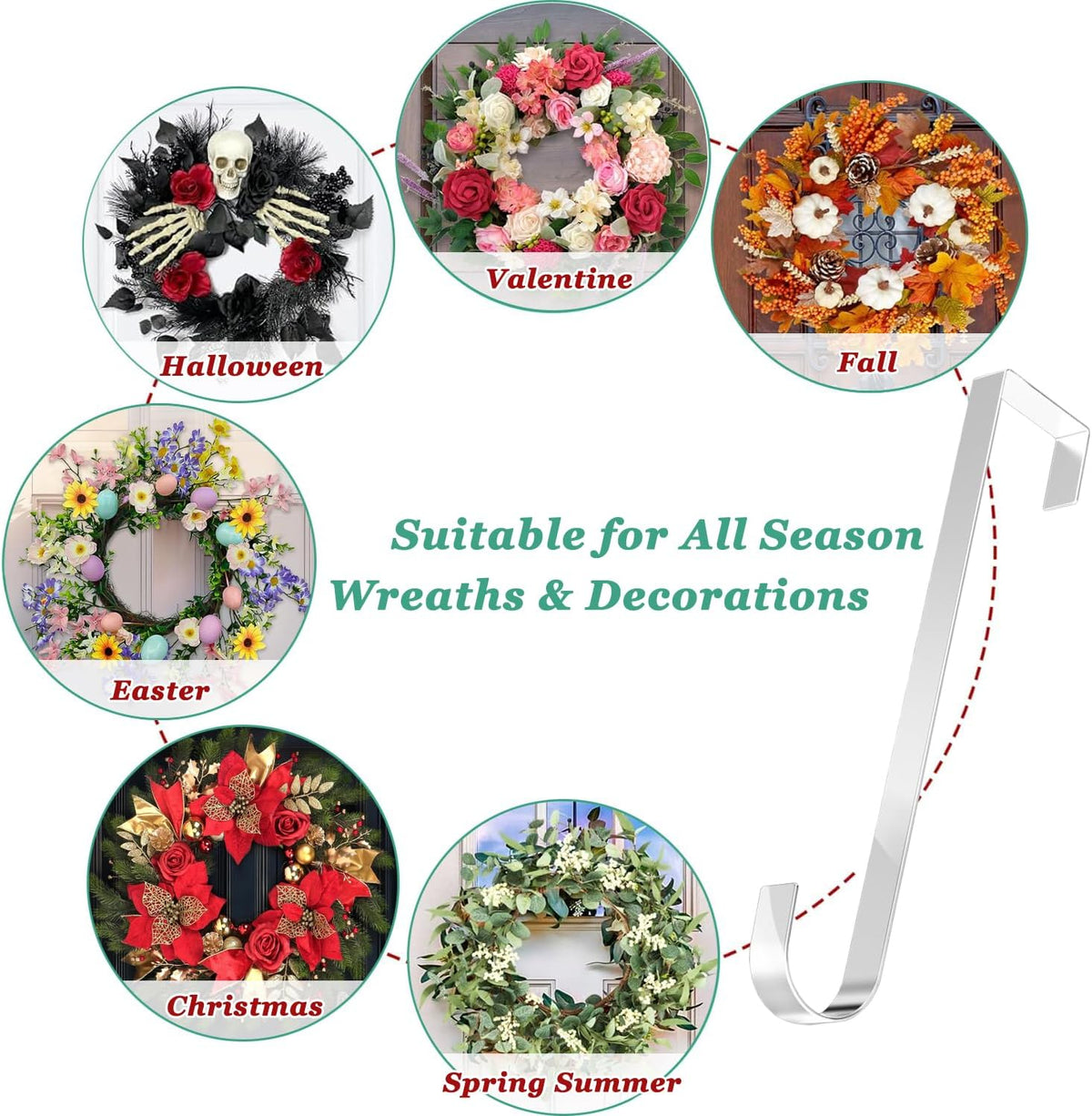Christmas Wreath Door Hanger, 12 Inch Metal Wreath Hanger over Door Wreath Hook Holder for Home Office Wall Wedding Wreath Display and Christmas Halloween Easter Decorations (White)