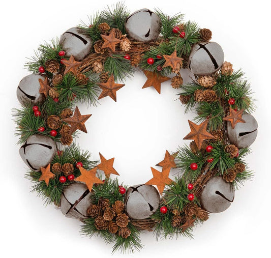 40cm Christmas Wreath Featuring Silver Jingle Bells, Stars, Pine Cones, Berries, and Leaves for Outdoor and Indoor Holiday Decor