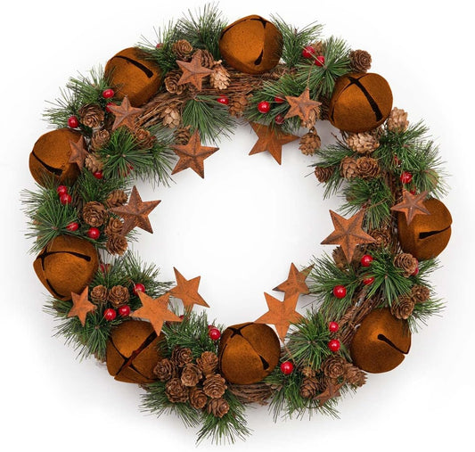 40 cm Rustic Christmas Wreath with Jingle Bells, Stars, Pine Cones, and Berries for Outdoor and Indoor Holiday Decor