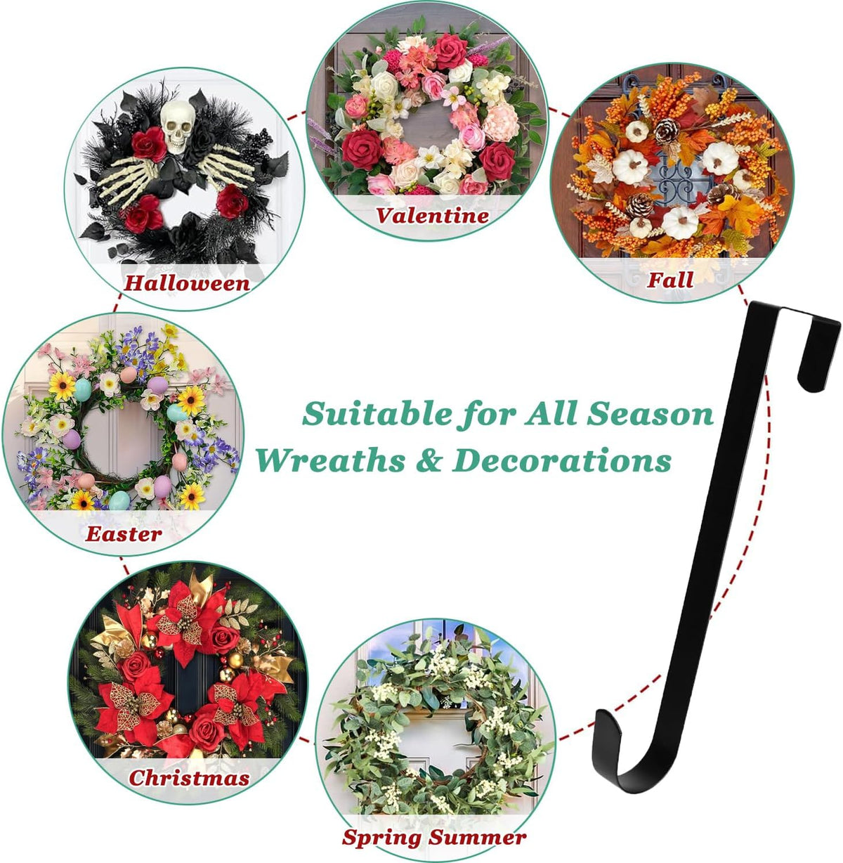 12-Inch Black Metal Wreath Hanger for Door Display - Ideal for Christmas, Halloween, Easter, and Wedding Decorations in Home and Office