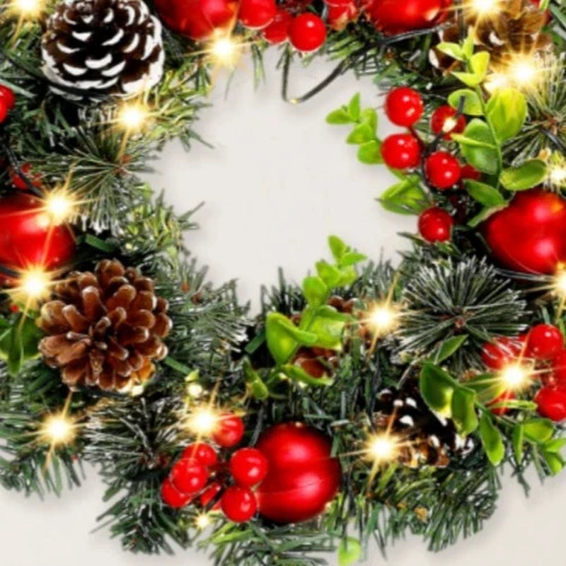 Elegant Red Christmas Wreath with LED Accents and PVC Fruit Decorations for Home and Holiday Décor
