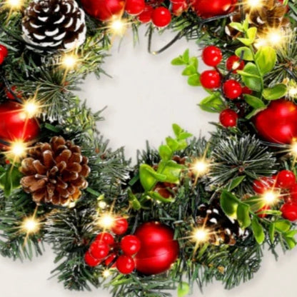 Elegant Red Christmas Wreath with LED Accents and PVC Fruit Decorations for Home and Holiday Décor