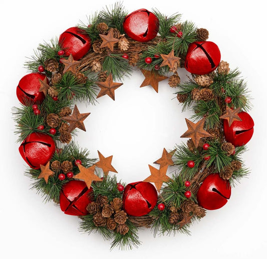 40 cm Christmas Wreath with Red Jingle Bells, Stars, Pine Cones, Berries, and Leaves for Outdoor and Indoor Holiday Decor