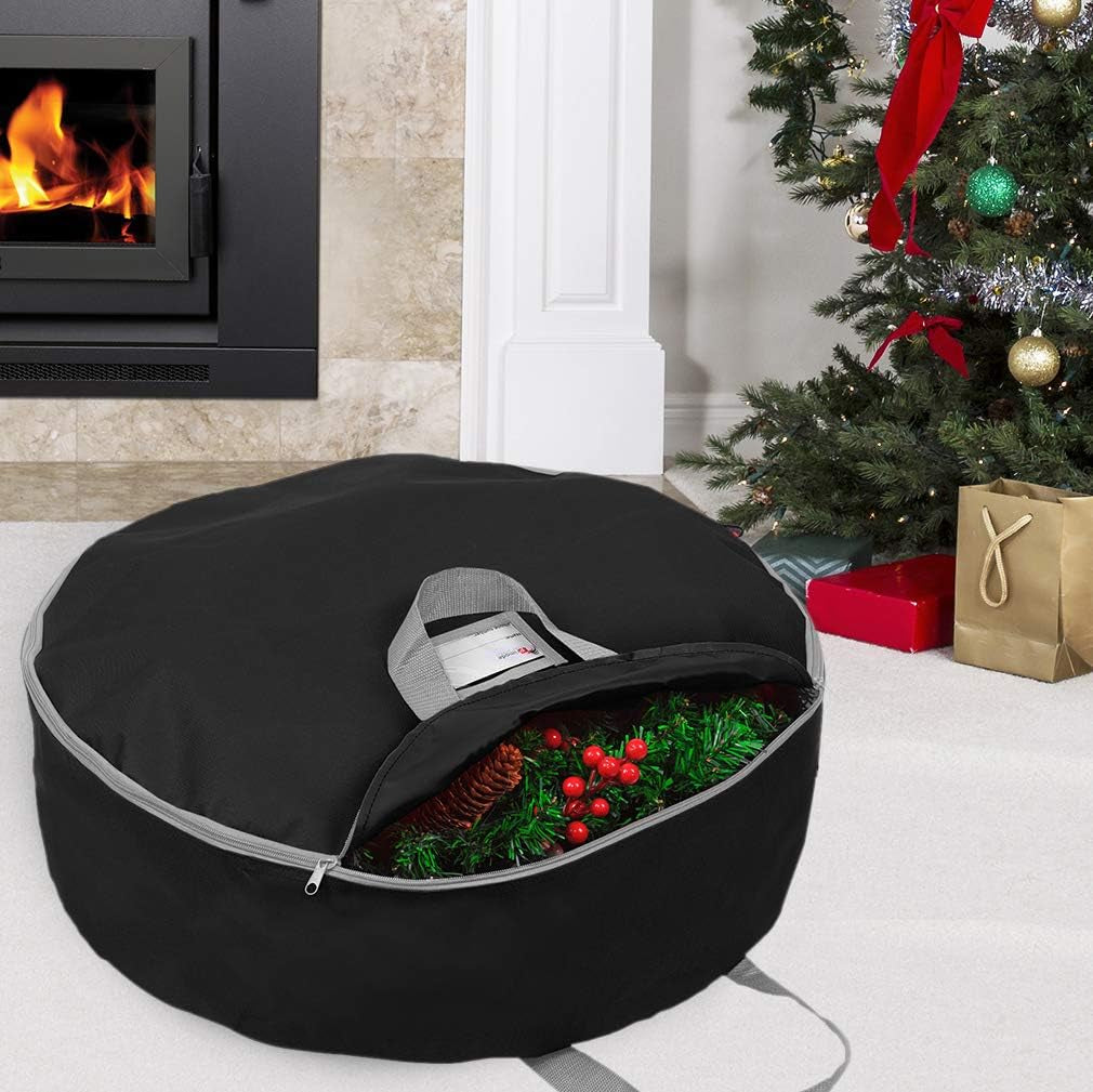 30-Inch Wreath Storage Bag - Durable 600D Oxford Polyester Container with Handles for Holiday Garland Wreaths (Black)