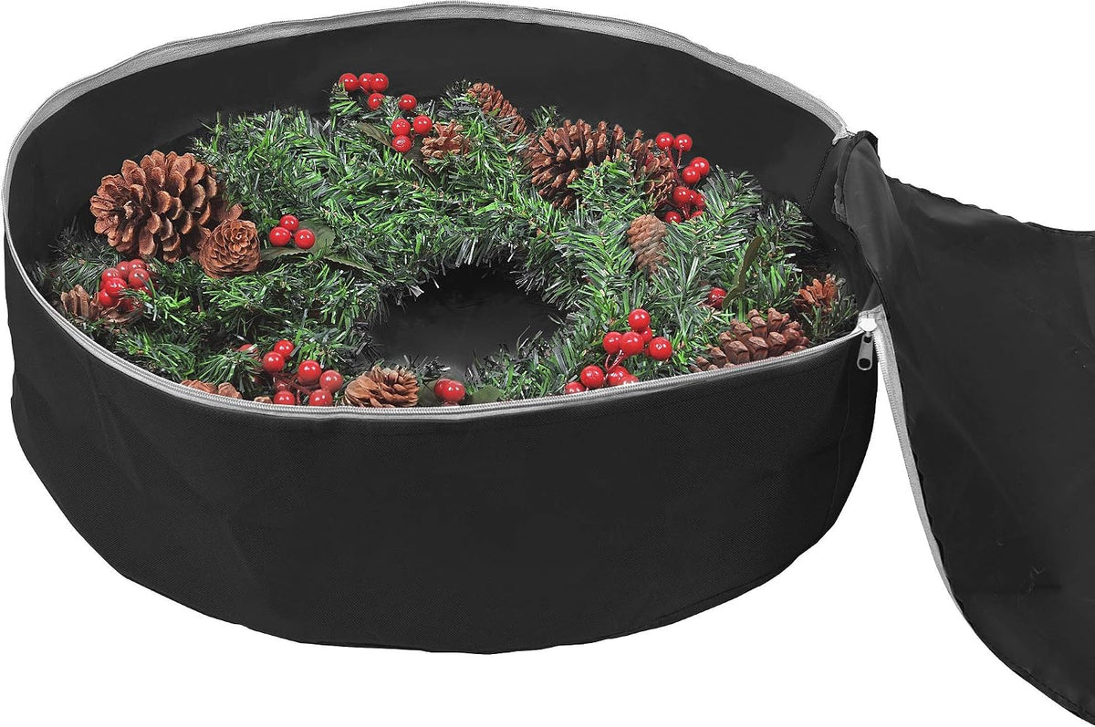 30-Inch Wreath Storage Bag - Durable 600D Oxford Polyester Container with Handles for Holiday Garland Wreaths (Black)