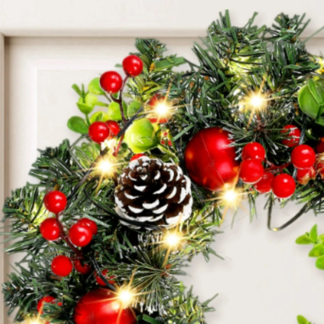 Elegant Red Christmas Wreath with LED Accents and PVC Fruit Decorations for Home and Holiday Décor