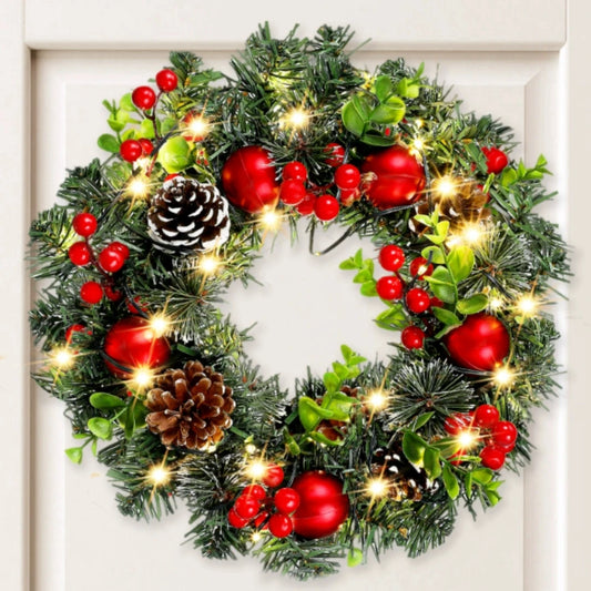 Elegant Red Christmas Wreath with LED Accents and PVC Fruit Decorations for Home and Holiday Décor