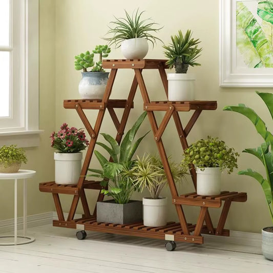 Triangular Carbonized Wood Plant Shelf with Wheels for Six Potted Plants - Flower Pot Display and Storage Rack for Garden